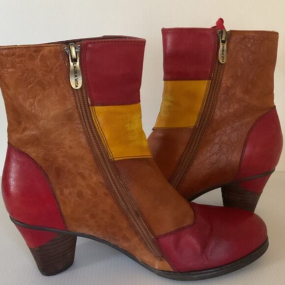 Vintage Laura Vita Bohemian Patchwork Leather Ankle Boots Women’s 8.5 Chunky - Picture 11 of 14